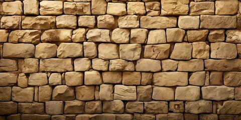Fototapeta premium A close-up view of a stone wall composed of irregularly shaped stones in various shades of brown, arranged in a grid-like pattern.