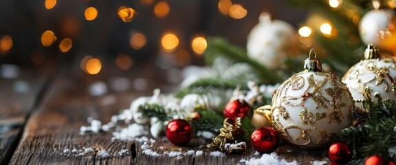 A festive Christmas scene with ornaments, greenery, and snow on a wooden surface, with a blurred background of twinkling lights.