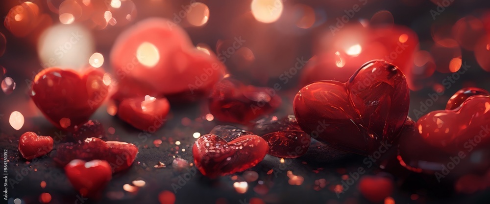 Poster a collection of red heart-shaped objects, including candies and small figurines, scattered on a dark