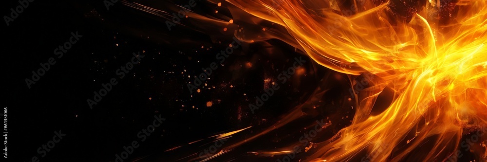 Poster a dynamic fire scene with a large, fiery flame on the right side, surrounded by smaller flames and s