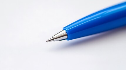 A blue ballpoint pen photographed up close on a white backdrop, showcasing its fine texture and vibrant color. 