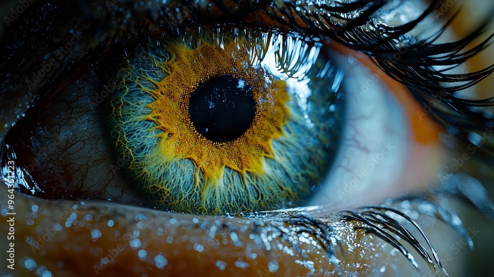 Poster close-up view of a vibrant blue and orange eye highlighting intricate details and textures with a hi