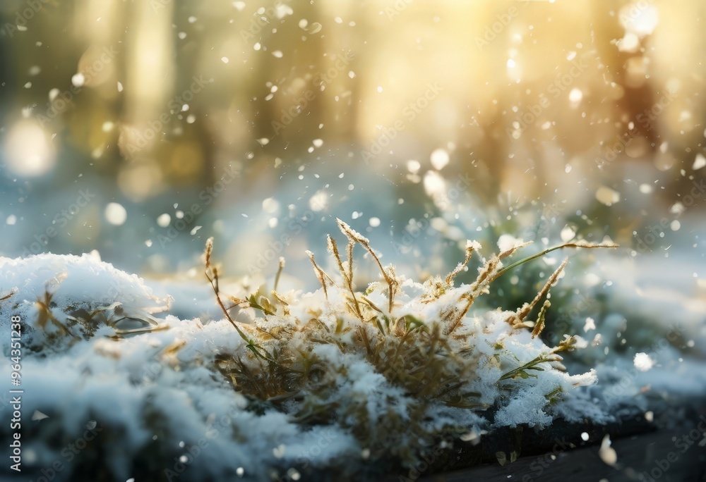 Aufkleber snowfall in a forest, with sunlight filtering through the trees and casting a warm glow on the snow-