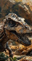 Fototapeta premium A close-up of a dinosaur sculpture with a textured brown and orange surface, set against a blurred natural background.