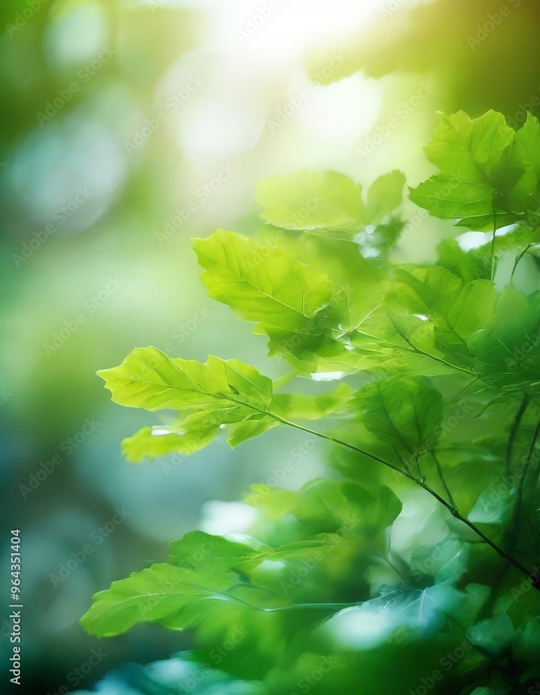 Poster a close-up view of lush green leaves with sunlight filtering through, creating a serene and natural 