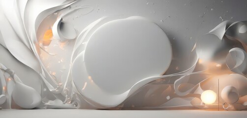 a a surreal, abstract scene with white, circular, and organic shapes, including a large white circle and a glowing orange light source.