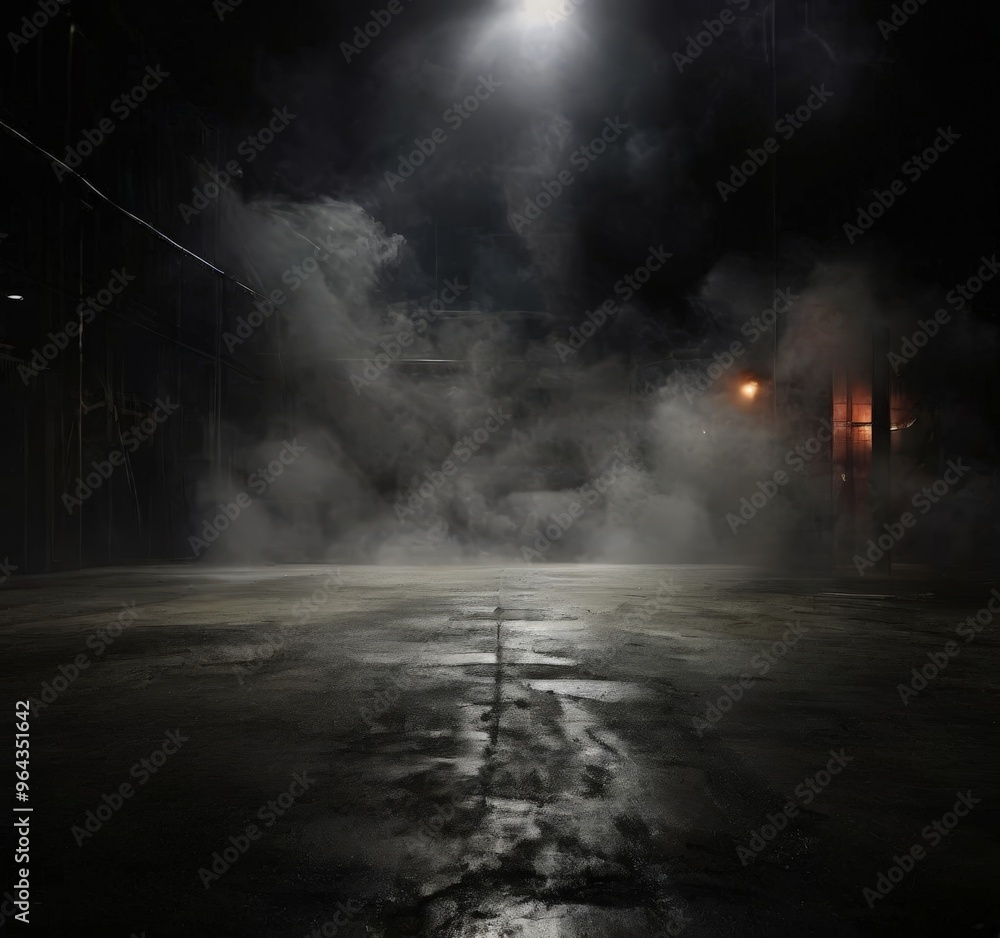 Poster a dimly lit industrial scene with a single light source illuminating a path of smoke and steam, crea