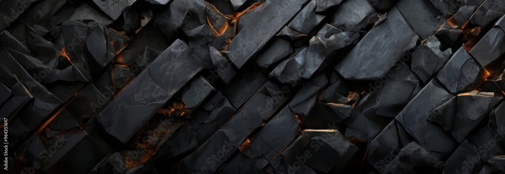 Poster a close-up view of a dark, jagged surface composed of irregularly shaped, black and gray rocks. the 
