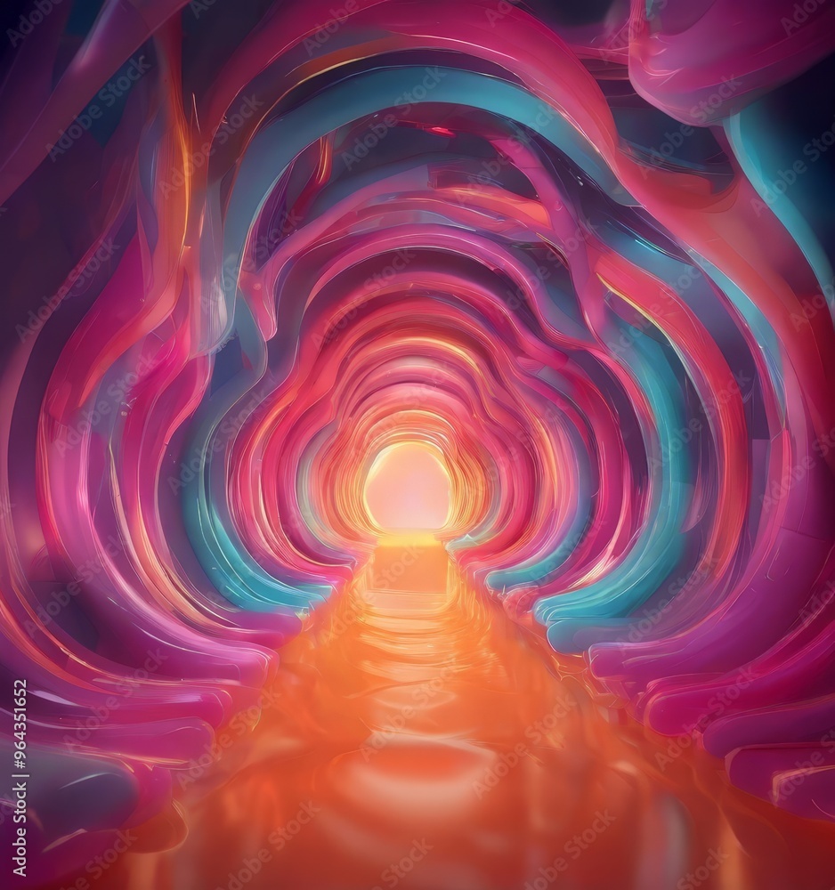 Poster a vibrant, abstract tunnel-like structure composed of curved lines and colors transitioning from war