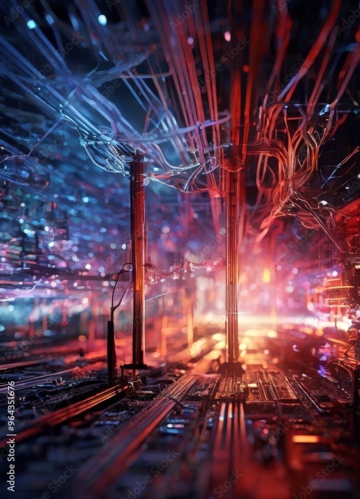 Poster a futuristic cityscape with a complex network of red and blue wires and tubes, creating a sense of d