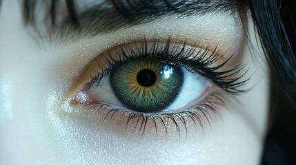 Obraz premium Close-up of a striking green eye with unique patterns and details, showcasing natural beauty and vibrant colors