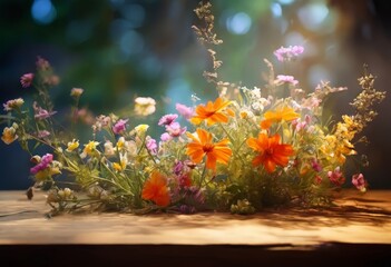 A vibrant bouquet of orange and yellow flowers, interspersed with pink and white blooms, rests on a wooden surface, bathed in soft sunlight.
