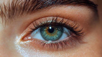 Close-up view of a person's vibrant eye showcasing unique colors and intricate details illuminated by soft light