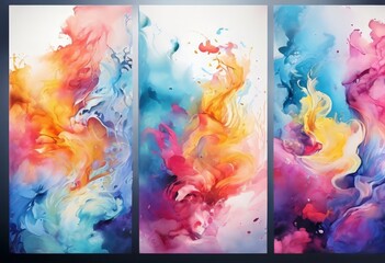 Three panels of abstract art featuring vibrant colors and dynamic brushstrokes.