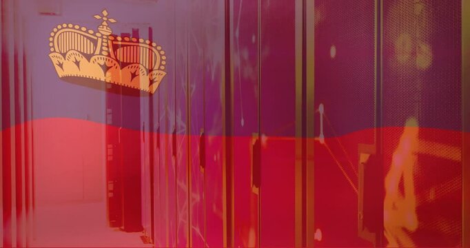 Animation of flag of lichtenstein and digital data processing over computer servers