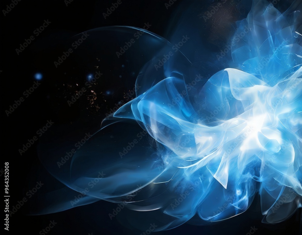 Poster dynamic, abstract representation of a blue flame or fire, with swirling, ethereal shapes and pattern