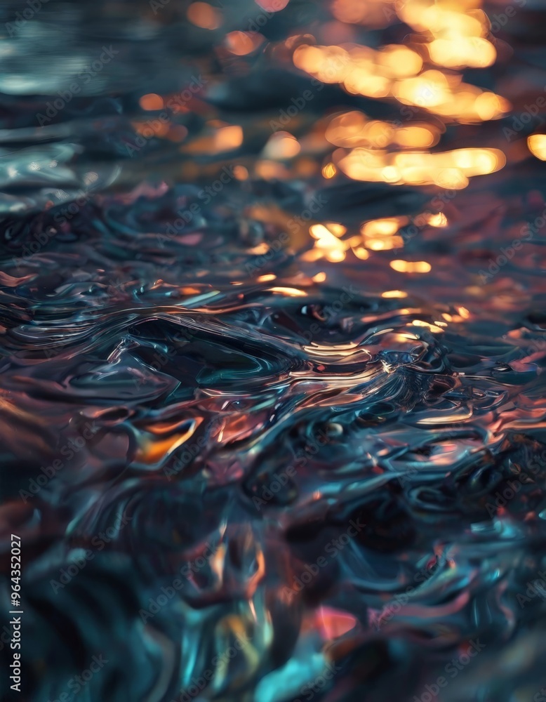 Poster a close-up of a textured surface, possibly water, with a vibrant mix of blue, orange, and purple hue