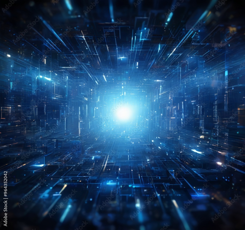 Poster futuristic, technological scene with a bright, glowing light at the center, surrounded by a complex 