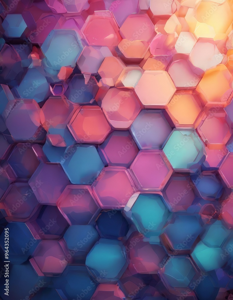 Poster vibrant and abstract pattern composed of numerous hexagonal shapes in a variety of colors, including