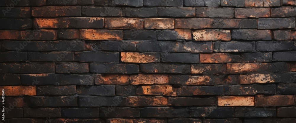 Poster a close-up view of a brick wall, showing a pattern of dark and light bricks with visible cracks and 