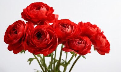 A bouquet of vibrant red roses with green stems against a white background.