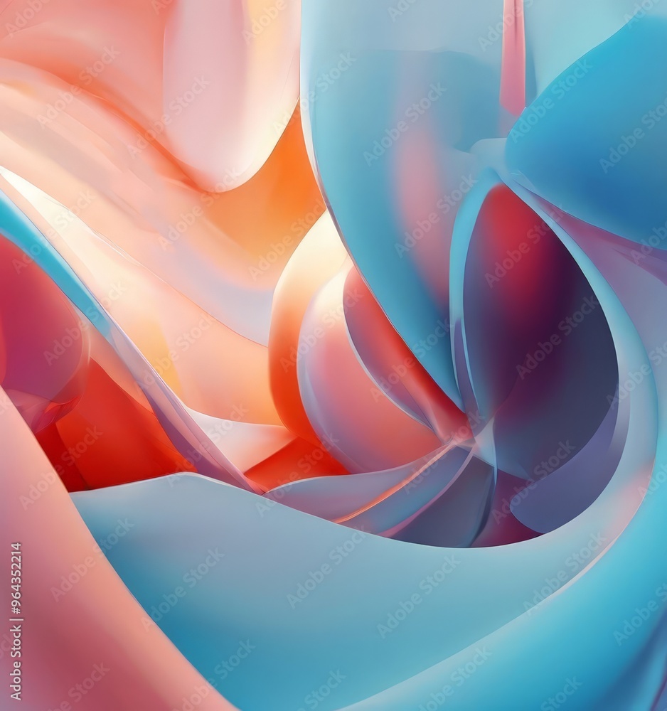 Poster an abstract representation of fluid, swirling shapes in various shades of pink, orange, and blue, cr