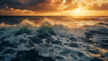 Fototapeta premium A dramatic sunset casts a warm glow over the ocean, with waves crashing against the shore in the foreground.