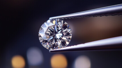 view of a brilliant cut diamond held by tweezers 
