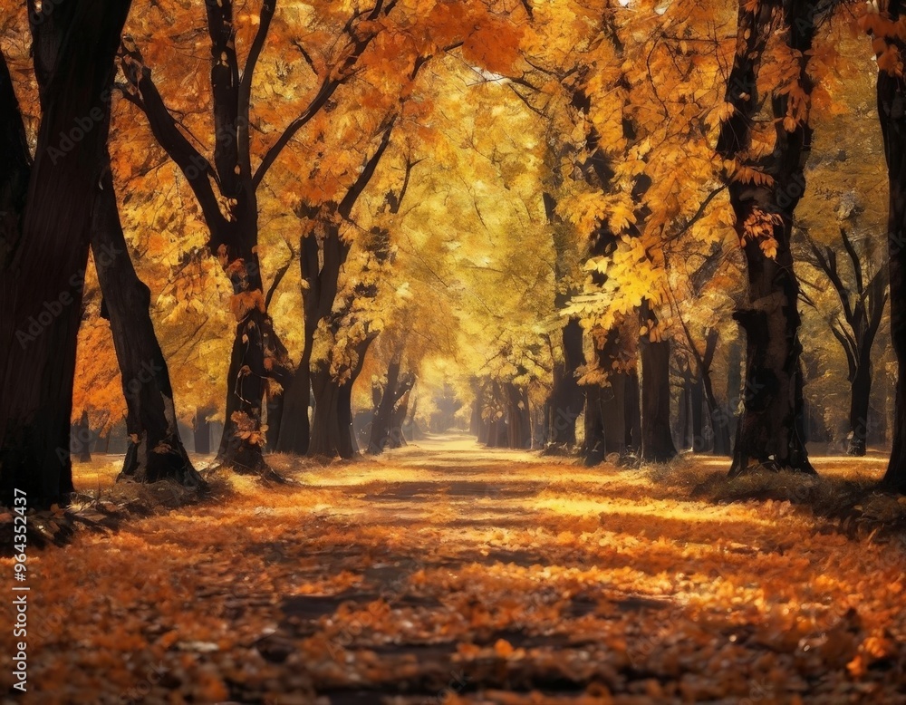 Poster a tranquil autumn scene unfolds in a park, with a path lined by trees displaying vibrant orange and 