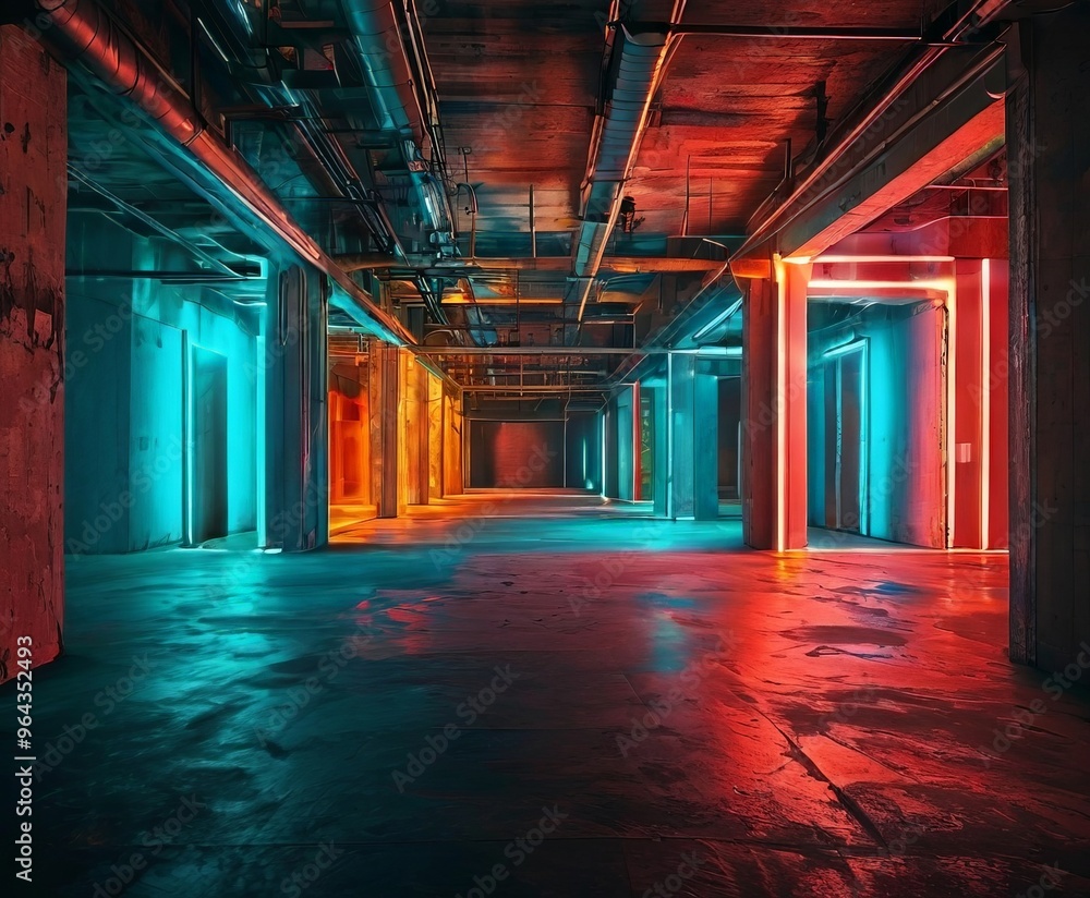 Poster a long, dimly lit corridor with a series of illuminated columns and pipes running along the ceiling,