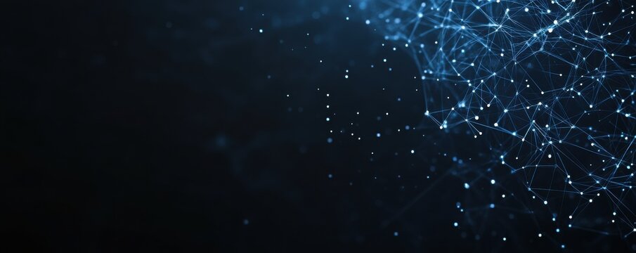 Dark blue abstract background featuring a complex network of interconnected points suitable for technology and science themes