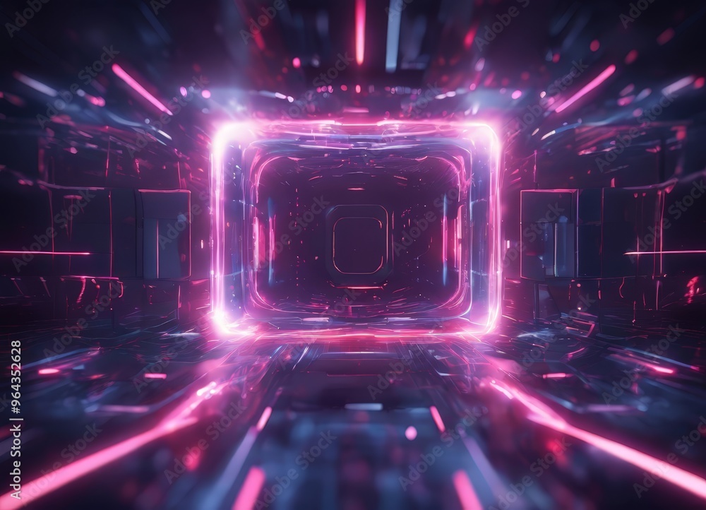 Poster futuristic, neon-lit corridor with a square-shaped glowing light at the center, surrounded by a mult