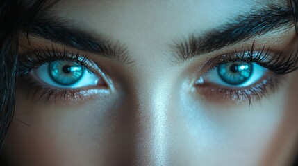 Fototapeta premium Close-up of a person with striking blue eyes and defined eyelashes, emphasizing natural beauty and unique features in a soft lighting setting