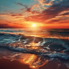 A breathtaking sunset over the ocean, with waves crashing onto the shore and the sun's rays reflecting on the water's surface.