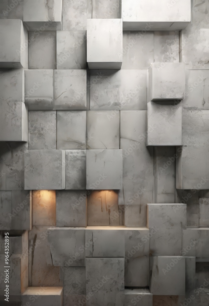 Poster concrete wall composed of numerous gray cubes arranged in a grid-like pattern. the cubes are illumin