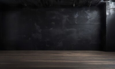 A dark, empty room with a black wall and a wooden floor.