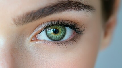 Naklejka premium Close-up of a woman's striking green eye, showcasing intricate details and natural beauty in soft lighting