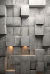 concrete wall composed of numerous gray cubes arranged in a grid-like pattern. The cubes are illuminated from the top left to the bottom right, creating a warm glow that