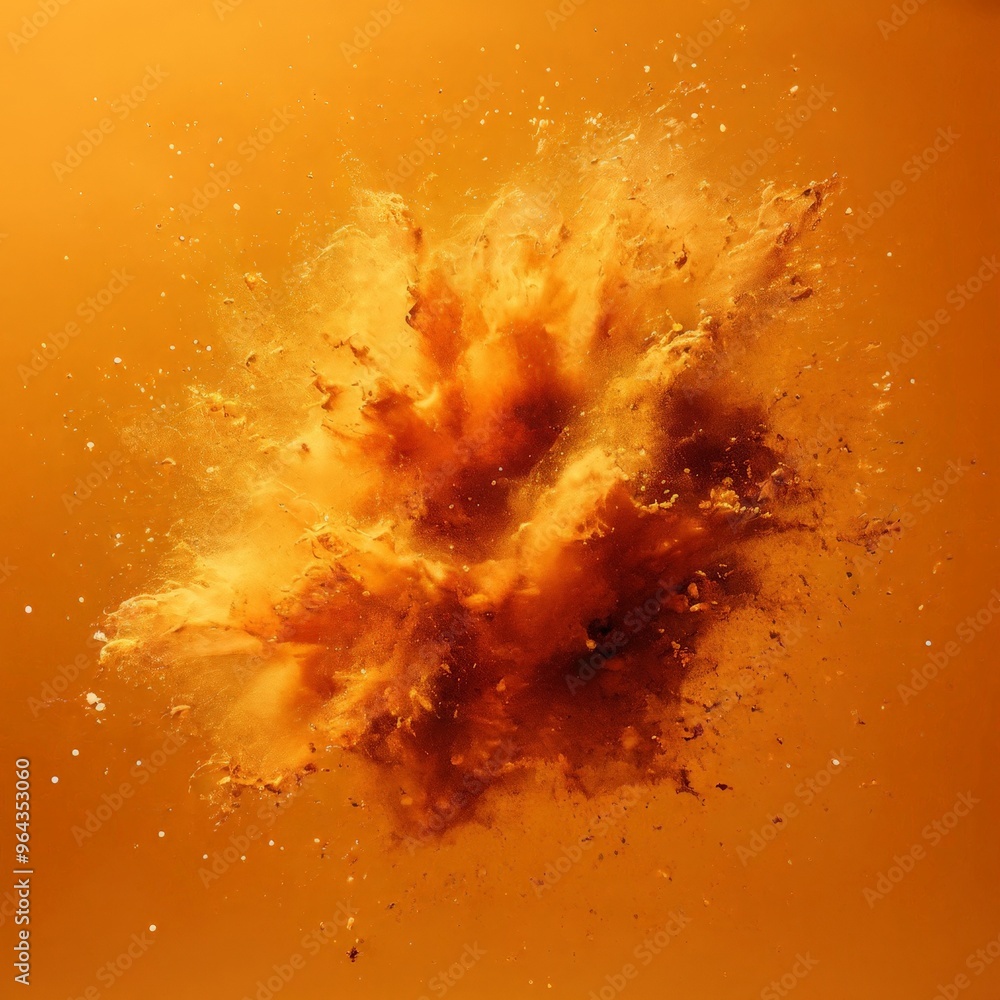 Poster a large explosion with a vibrant orange and yellow color palette, featuring a central explosion surr