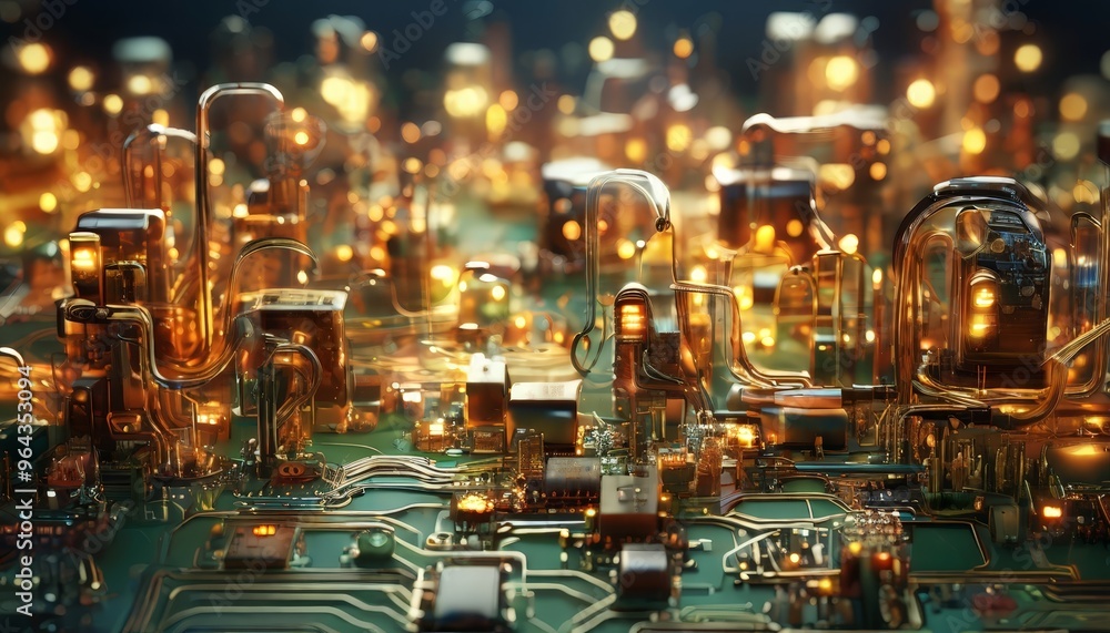 Poster a complex, intricate electronic circuit board with numerous components and glowing lights, creating 