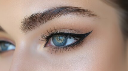 Naklejka premium Close-up of a woman's striking eye makeup with bold eyeliner and beautifully shaped brows showcasing her captivating gaze and natural skin tone