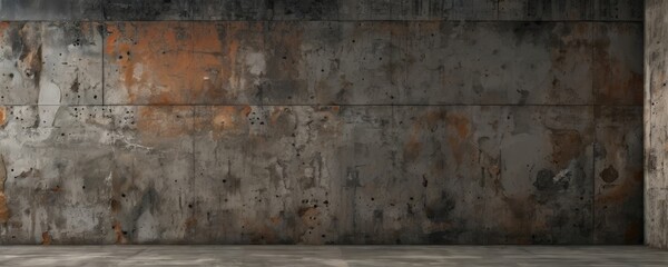 Obraz premium A weathered concrete wall with a faded orange and brown paint, showing signs of age and exposure to the elements.