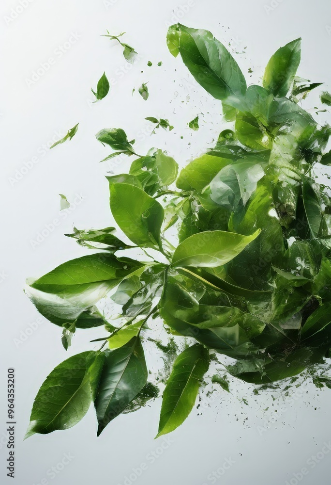 Poster a close-up view of a branch with green leaves, with some leaves floating in the air and others falli