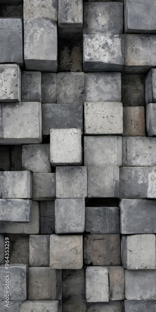 Poster a close-up image of a pile of gray concrete blocks arranged in a grid-like pattern, with some blocks
