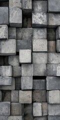 A close-up image of a pile of gray concrete blocks arranged in a grid-like pattern, with some blocks appearing slightly worn or weathered.