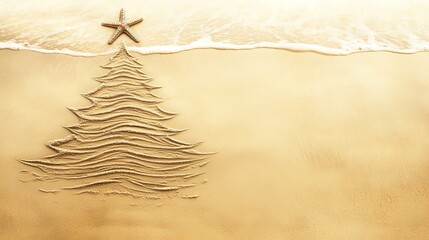 Sand christmas tree on beach with starfish topper
