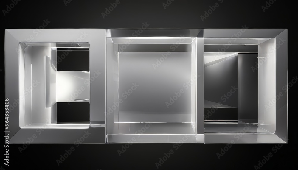 Poster a a minimalist, geometric structure composed of rectangular panels with a stark black background.