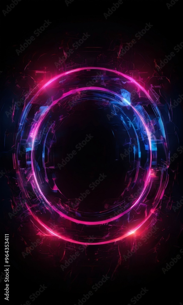 Poster circular, glowing, neon-like shape with a dark background, creating a futuristic and abstract visual