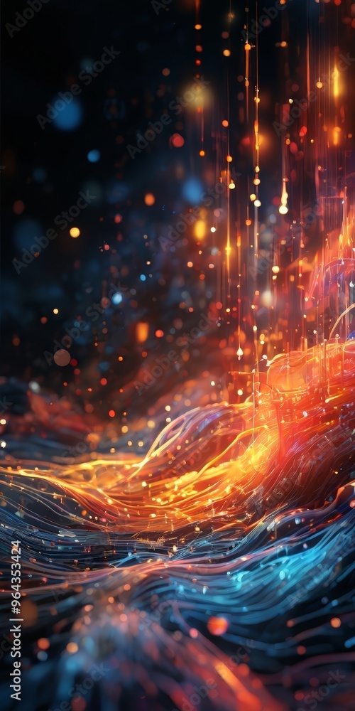 Poster a digital artwork featuring a dynamic, abstract representation of a wave-like pattern with a blend o