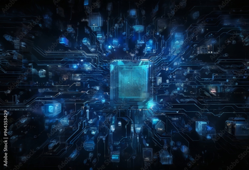 Poster complex digital circuit board, teeming with numerous small, blue-lit components. at the heart of the